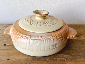Vintage 1950s Frankoma Pottery Covered Casserole Dish and Warmer Set | Southwestern Mayan Aztec 1 Quart Oven To Table Donabe Casserole
