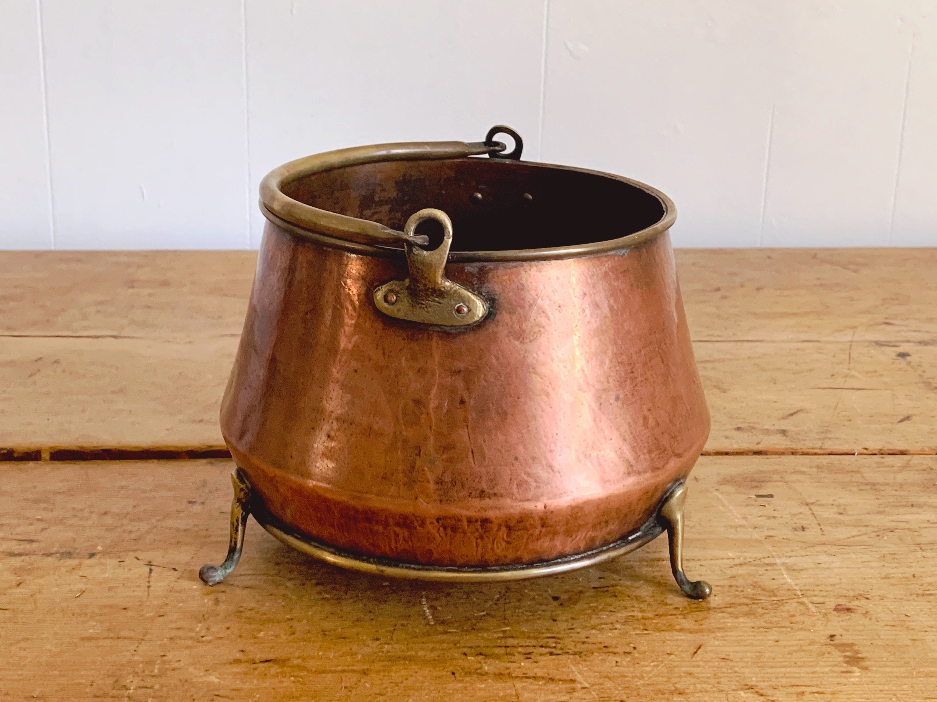 Antique Copper Coal Bucket with Brass Handle and Three Feet | Log Bin Wood Storage Fireplace Decor | Rustic Farmhouse Flower Vase