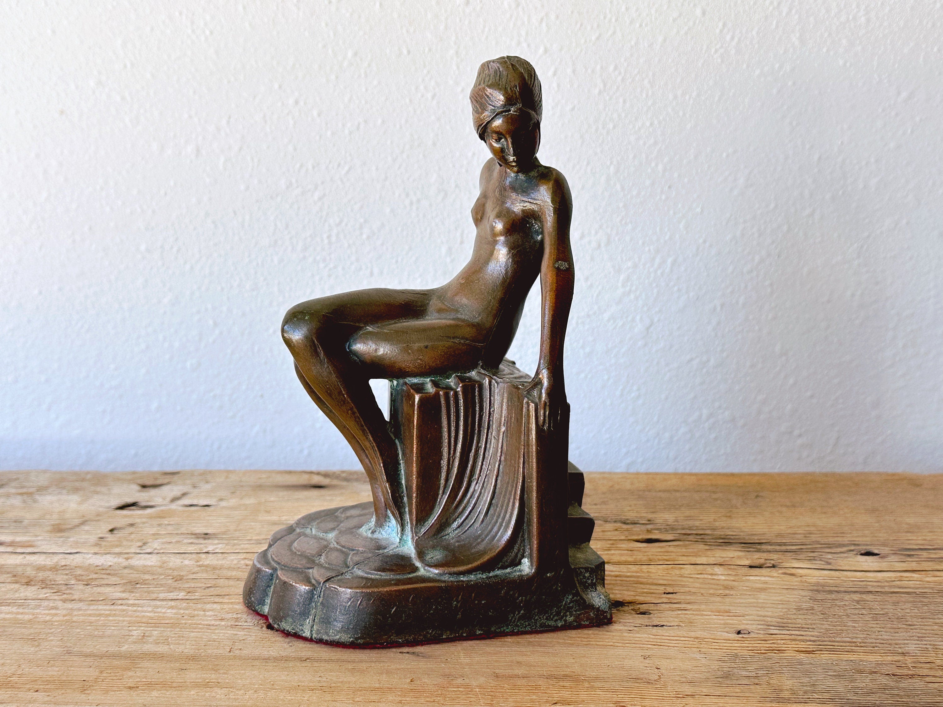 Vintage Art Nouveau Antique Brass Nude Lady Sculpture Bookend | SINGLE | Art Deco Metal Statue Sitting Woman Bookshelf Decor | Gift for Her