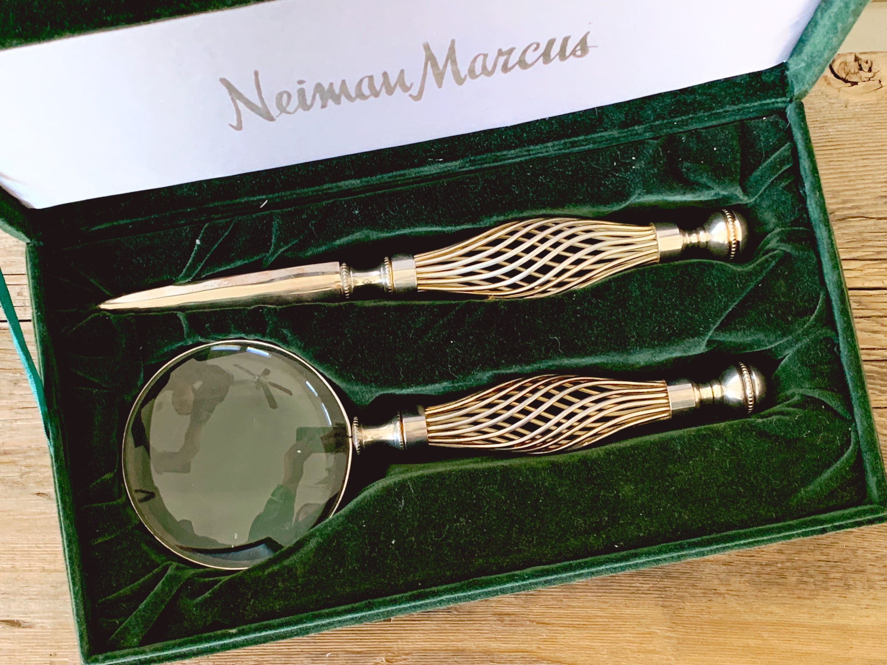 Vintage Neiman Marcus Silver Plated Magnifying Glass and Letter Opener Set in Original Emerald Velvet Case | Reading Glass | Office Decor