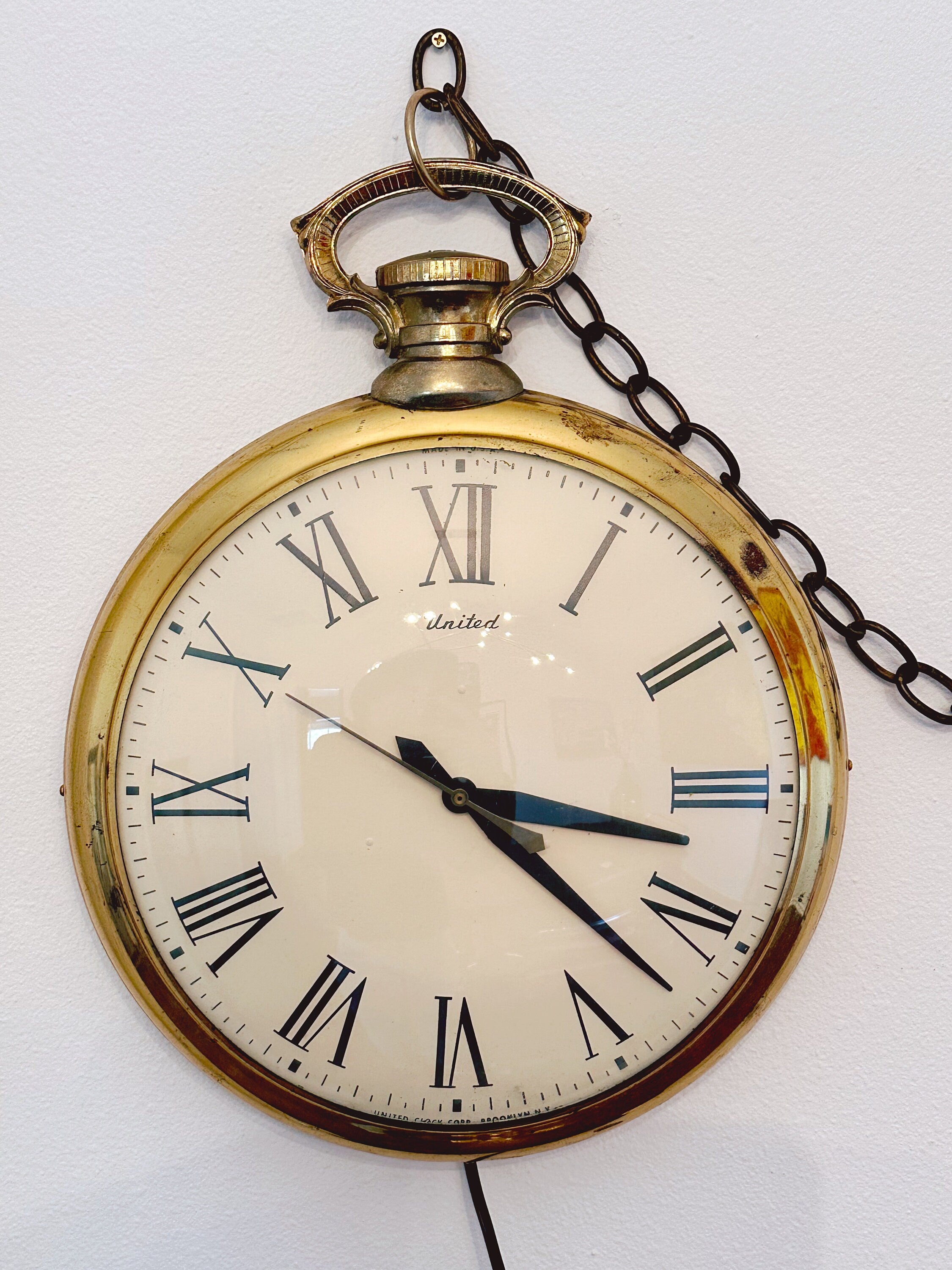 Large Vintage Brass Pocket Watch Style Electric Hanging Wall Clock from United | c. 1960s Model 40 Tested Working | Wall Decor Home Decor