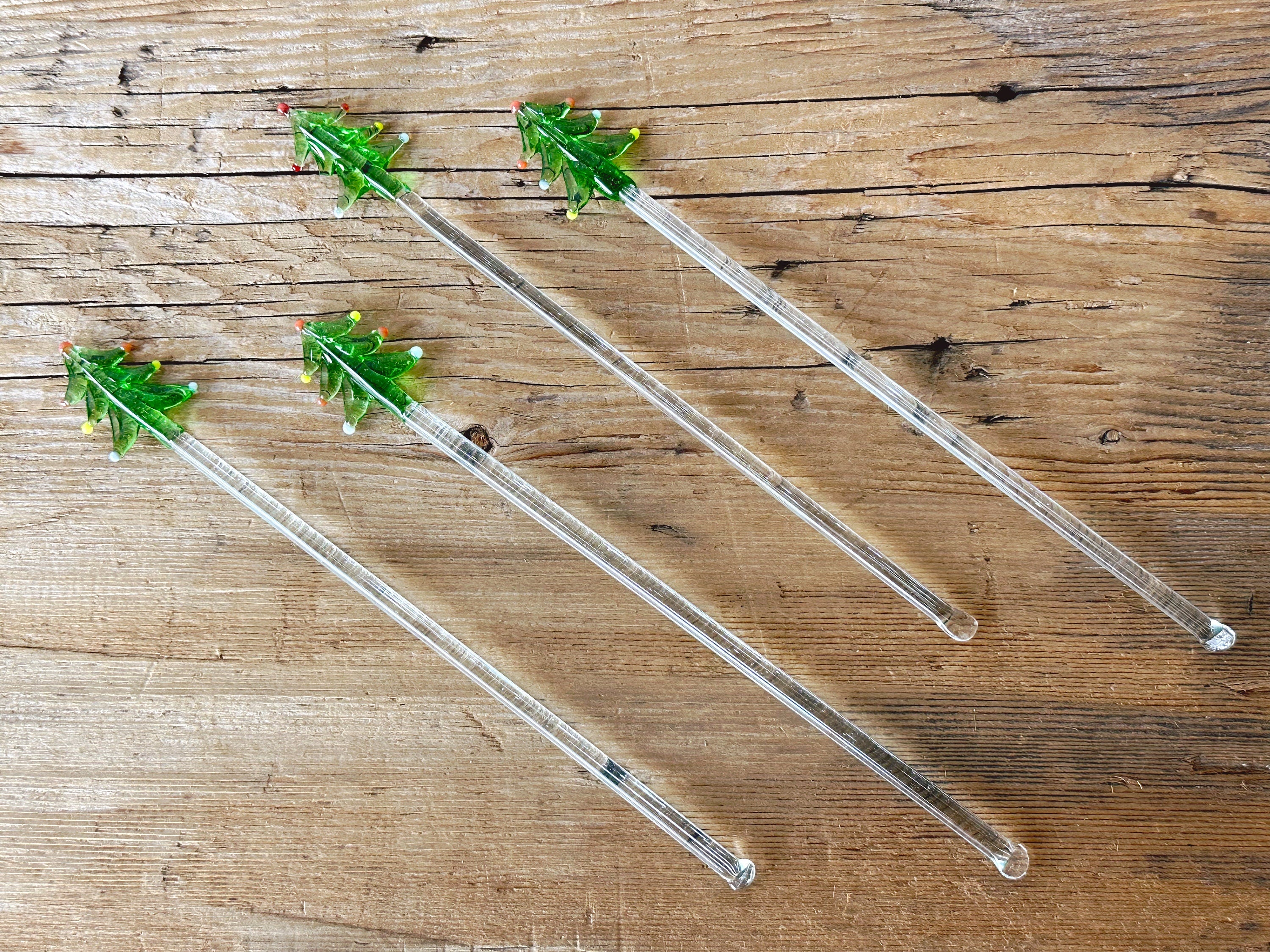 Set of 4 Vintage Handblown Glass Christmas Tree Swizzle Sticks | Art Glass Cocktail Stirrer | Bar Accessory Tool | Holiday Gift for Her