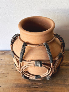 Vintage Hand Made Folk Art Pottery Vessel with Braided Leather and Wood Details | Rustic Chic Home Decor Terracotta Clay Flower Vase