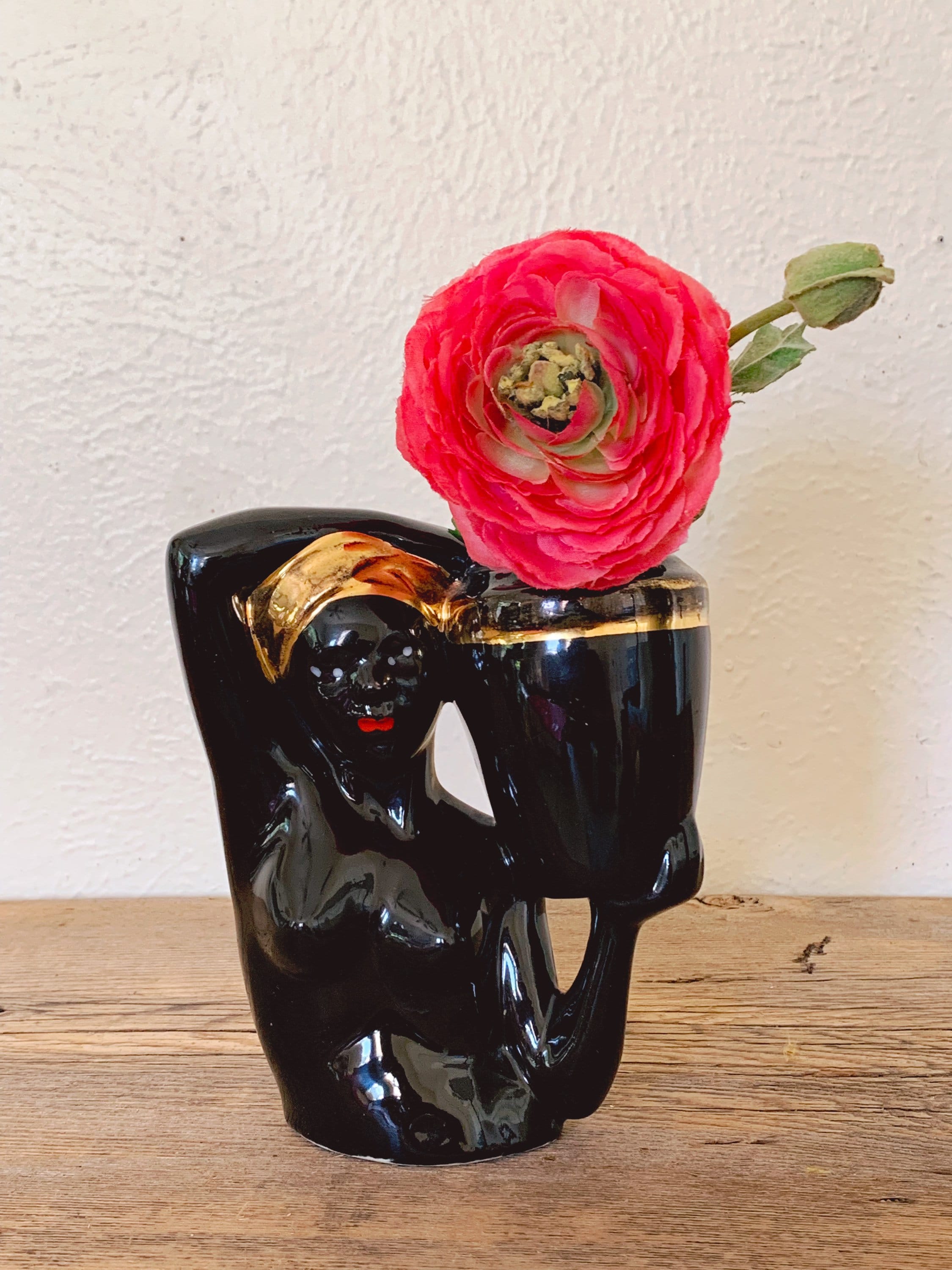 Vintage Mid-Century Black Ceramic African Girl with Water Jug Vase | Black and Gold Woman Torso Sculpture | Home Decor | Gift for Her