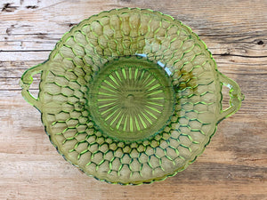 Vintage 1960s Indiana Glass Avocado Green Glass Serving Dish with Double Handles | Mid Century Honeycomb Pattern Jewelry Dish Catchall Bowl