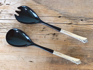 Pair of Vintage Ebony Salad Servers with Sterling Silver Handle | Mid Century Design Salad Spoon and Fork Set | Tableware Housewarming Gift