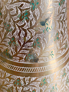 Vintage Indian Solid Brass Etched Flower Vase | Hand Painted White and Green Leaf Pattern