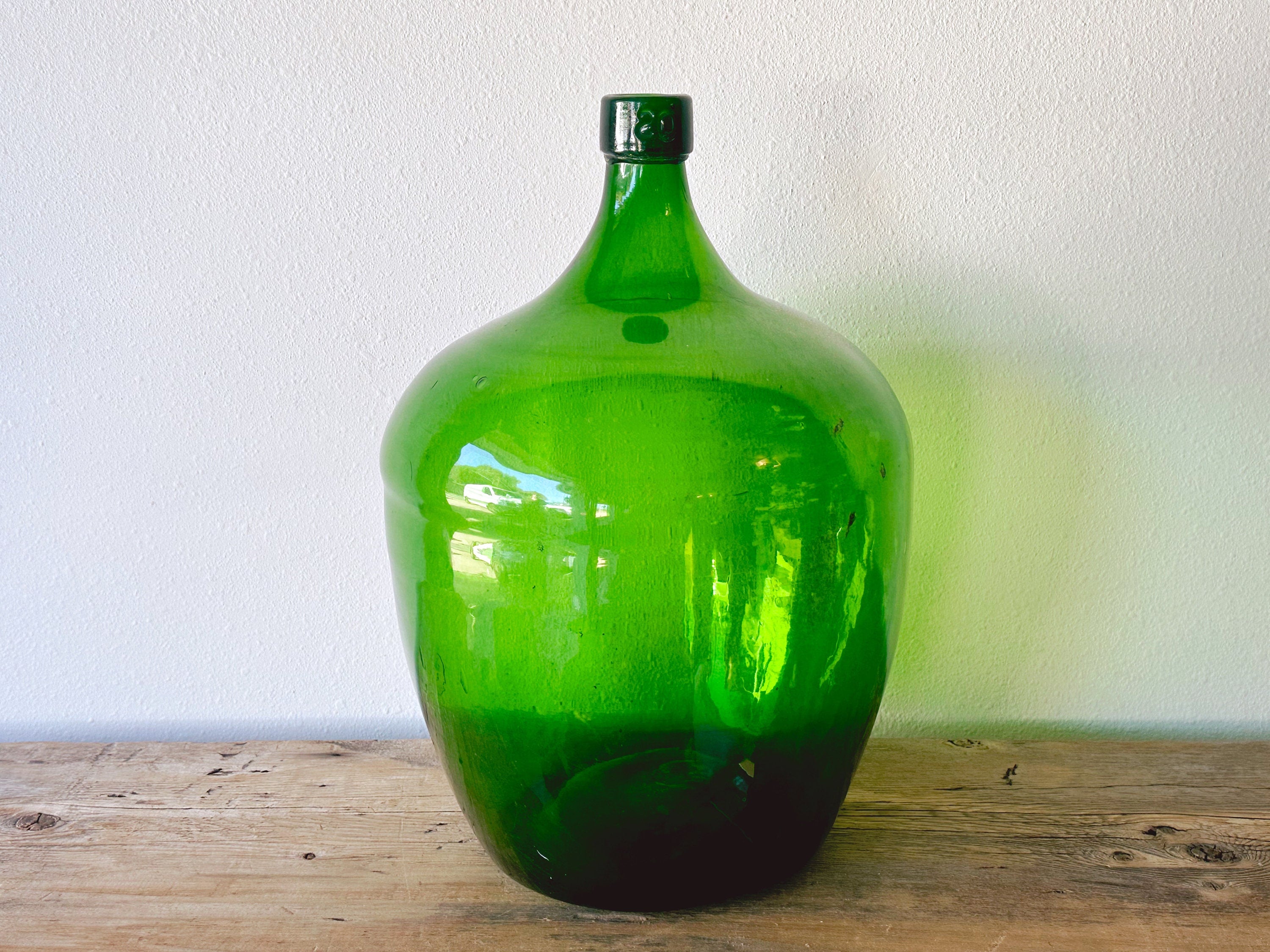 Vintage Hand Blown Large Green Glass Demijohn | French Glass Wine Jug Home Decor