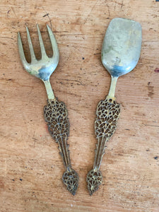 Vintage Brass Serving Set with Ornate Filigree Handles | Gold Tone Salad Spoon and Fork Set Dinnerware