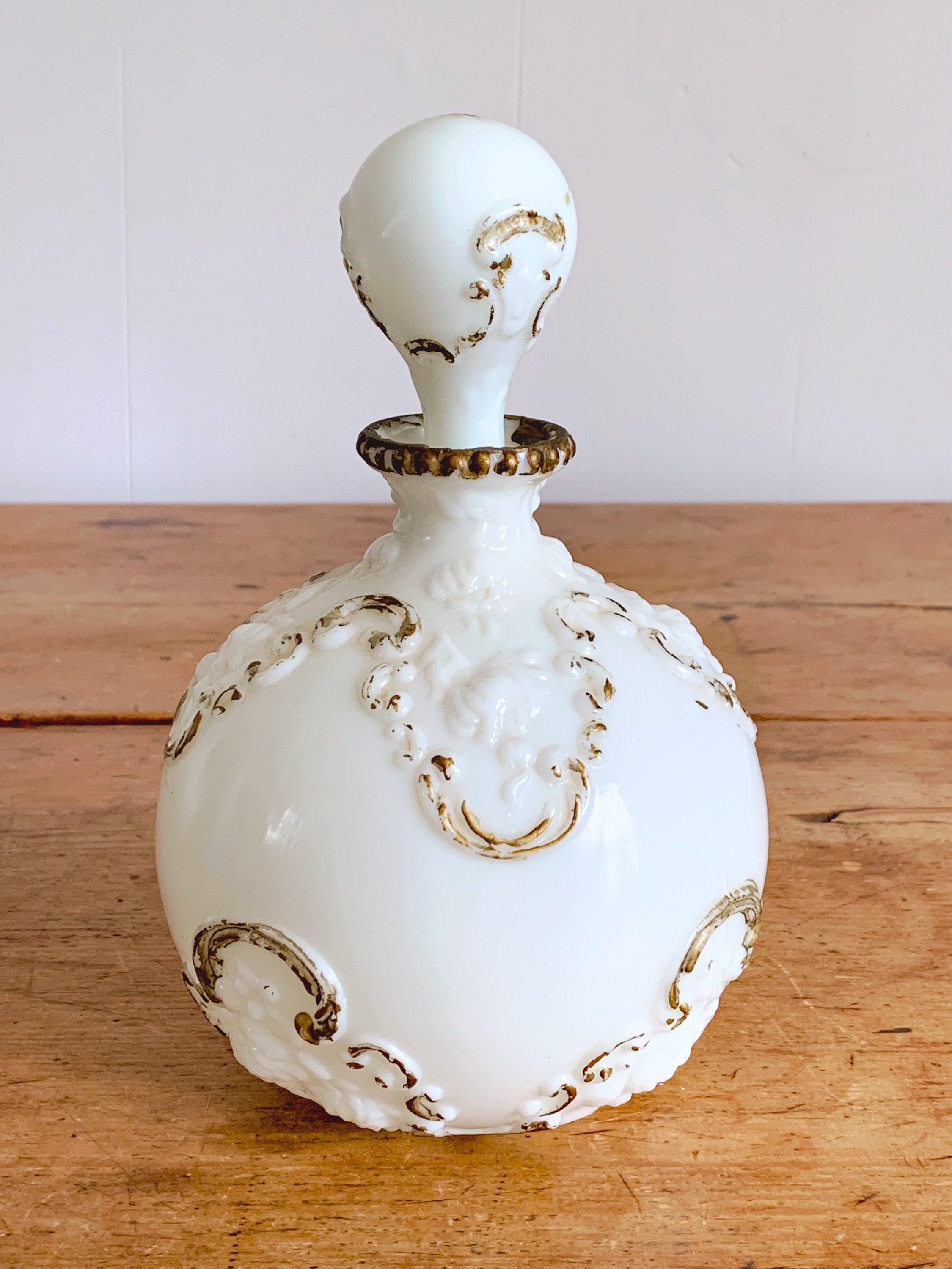 Pair of Giant Vintage Round Opaline Glass Perfume Bottles with Stopper | Decorative Vanity Jars Flower Vase | Victorian Style Home Decor
