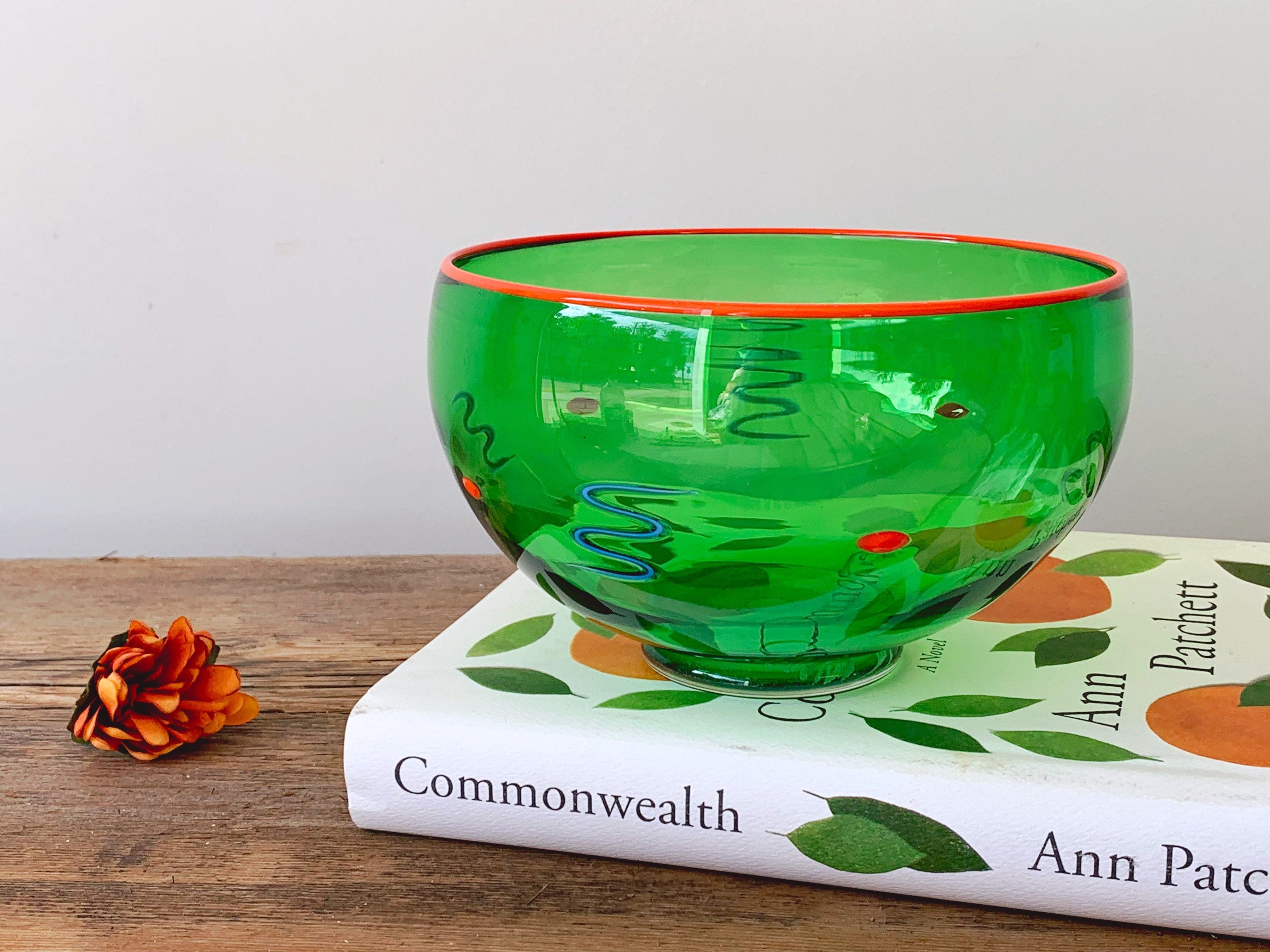 Vintage Antonio Garcia Studio Art Glass Bowl in Green with Orange Rim, Dots and ZigZags | Serving Bowl Candy Bowl Decorative Art