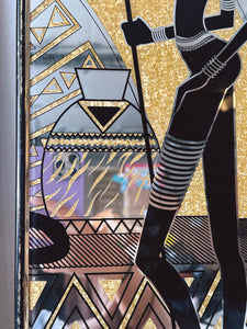 Mid Century Modern African Warrior Women Painted 2-Panel Vintage Mirrored Wall Art in Gold and Black | Home Decor Gift for Her
