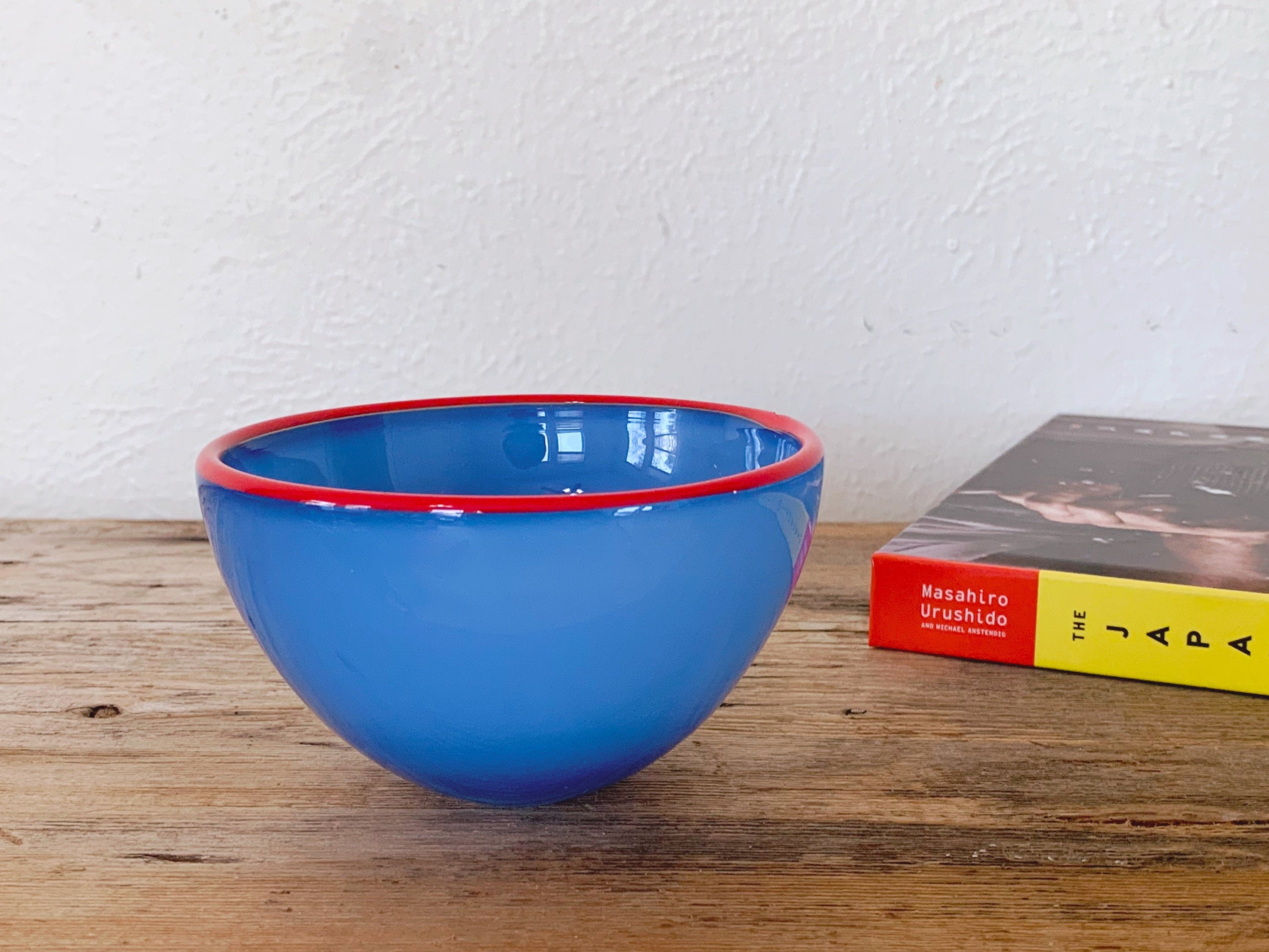 Vintage Studio Art Glass Bowl in Blue with Red Rim | Hand Made Candy Bowl Nut Bowl | Modern Decorative Art