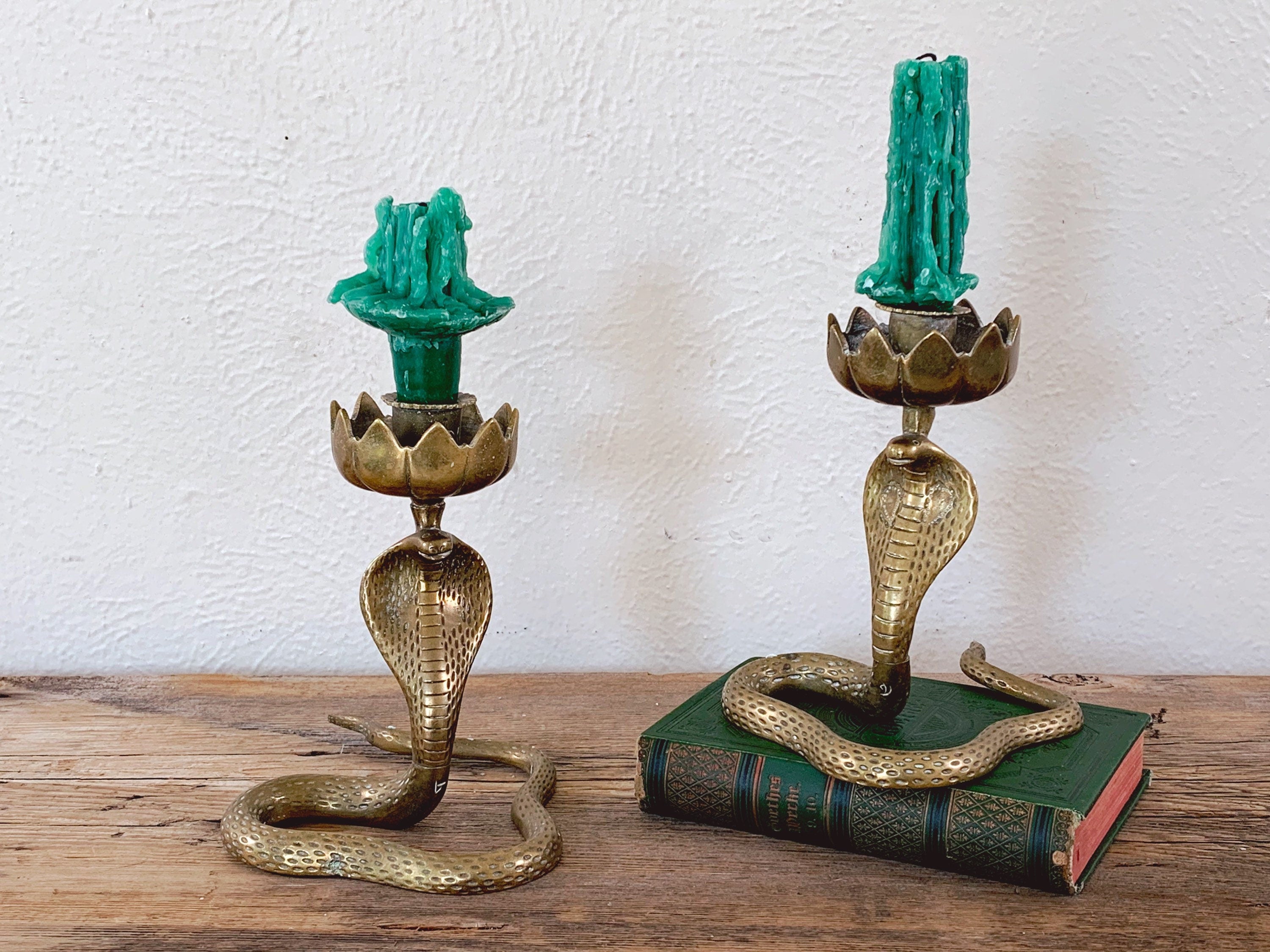 Pair of Vintage Brass Hand Engraved Cobra Snake Candle Holders | Engraved Serpent Candlestick Holder Unique Boho Home Decor