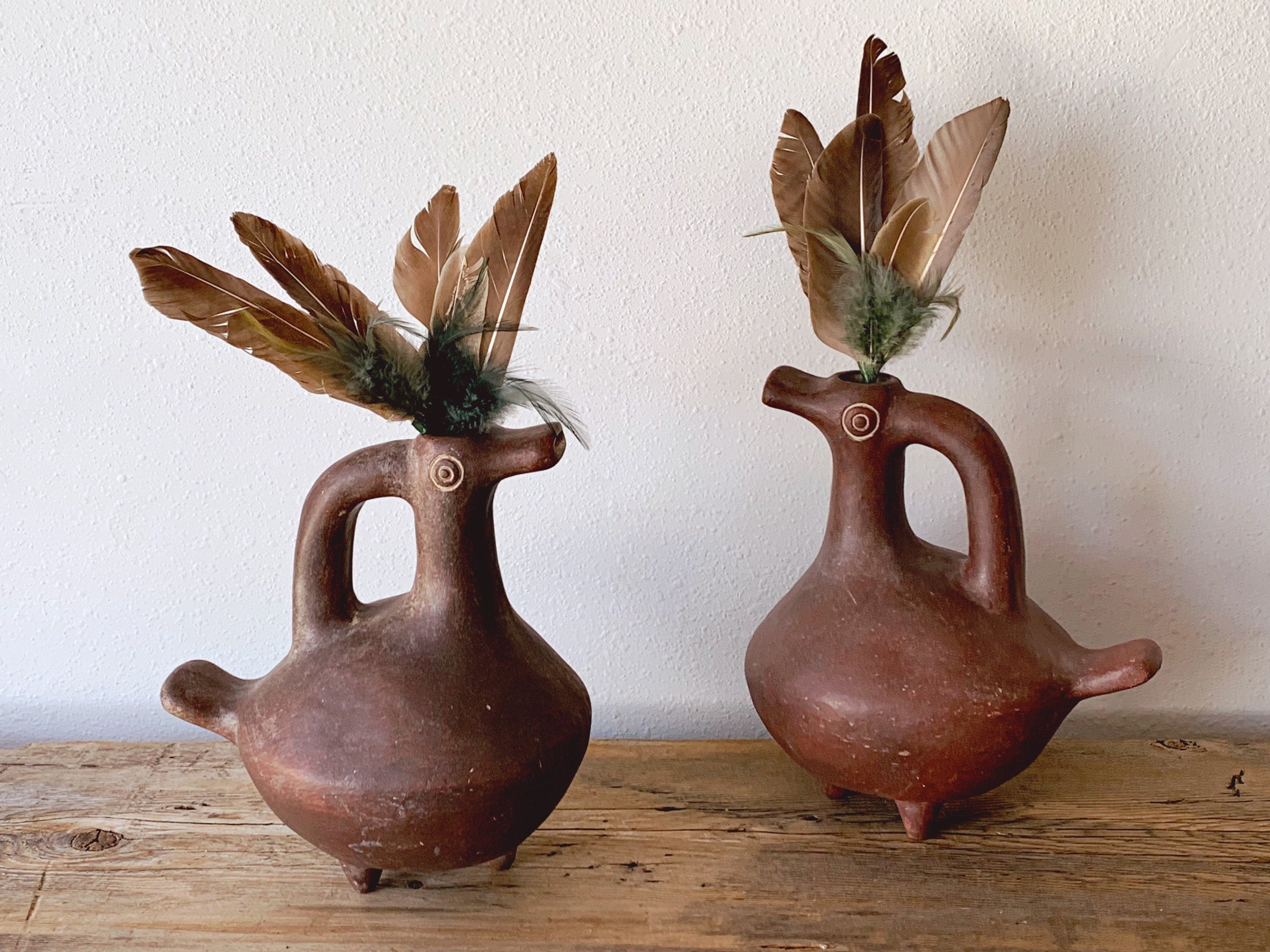 Pair of Vintage Hand Made Pottery Mexican Folk Art Bird Vessels | Terracotta Duck Vase with Handle | Rustic Southwestern Style Home Decor