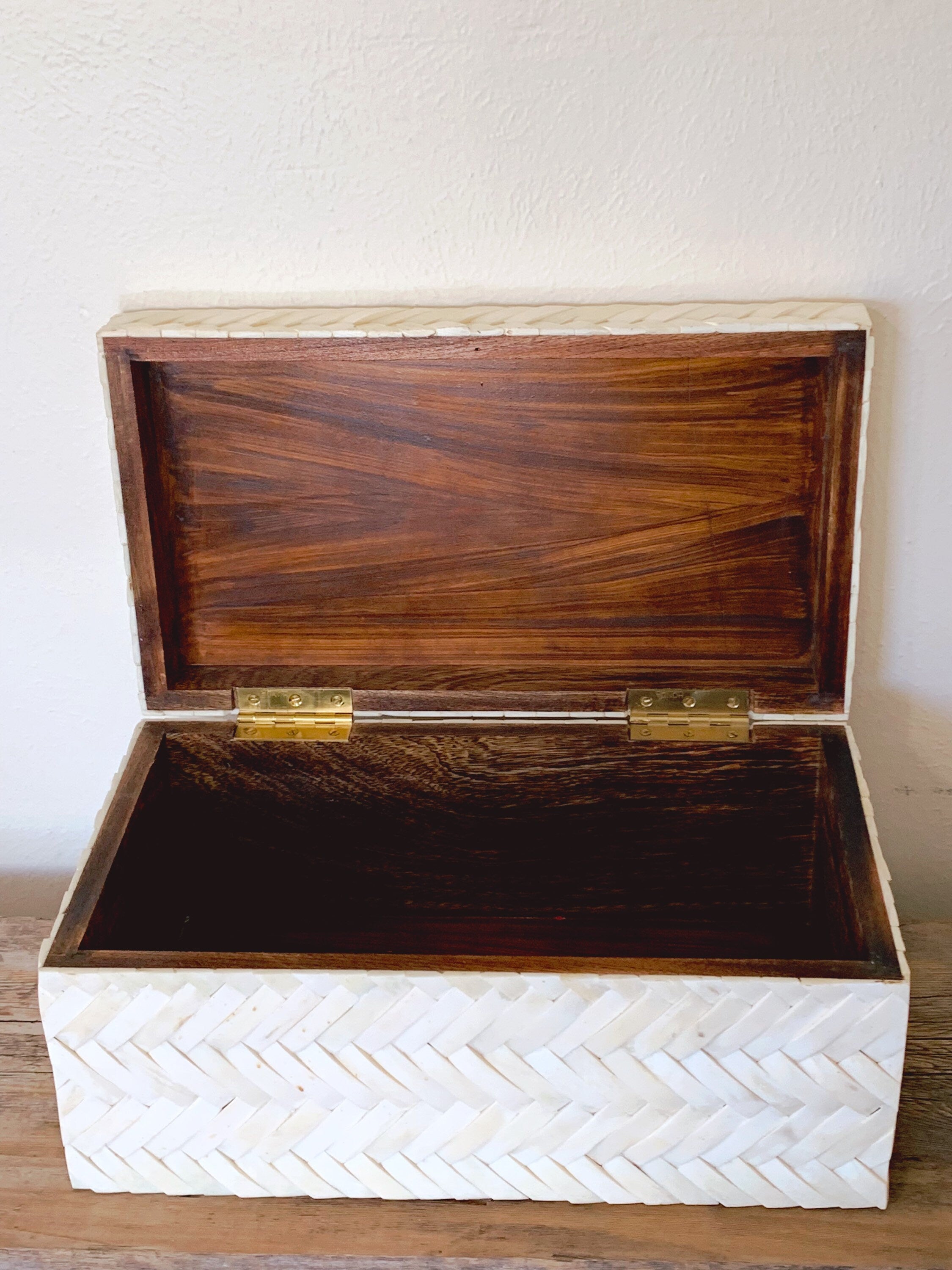 Extra Large Vintage Basketweave Bone Inlay Designer Box | Criss Cross Pattern Storage Keepsake Box | Decorative Box Office Decor