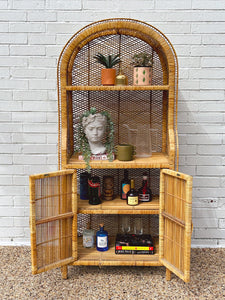 Vintage Mid Century Modern Woven Wicker 2 Door Storage Bookcase | SHIPPING NOT FREE | Boho Chic 4 Tier Rattan Bookshelf Cabinet Plant Stand