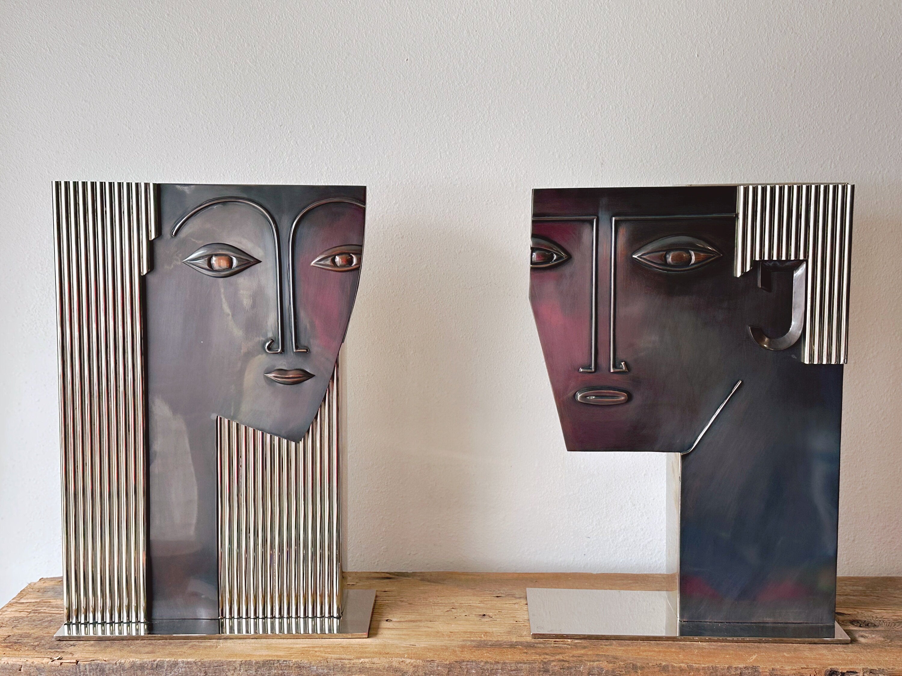 Pair of Oversized Art Deco Metal Face Vases in the Manner of Franz Hagenauer | Man and Woman Large Chrome Steel Table Vases | Home Decor