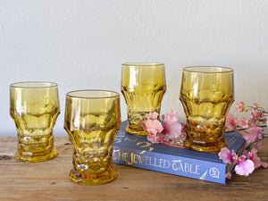Vintage Amber Georgian Pattern Tumblers in Set of 2 or 4 | Mid Century Yellow Colored Pressed Glass | Drinkware Barware Cocktail Glasses
