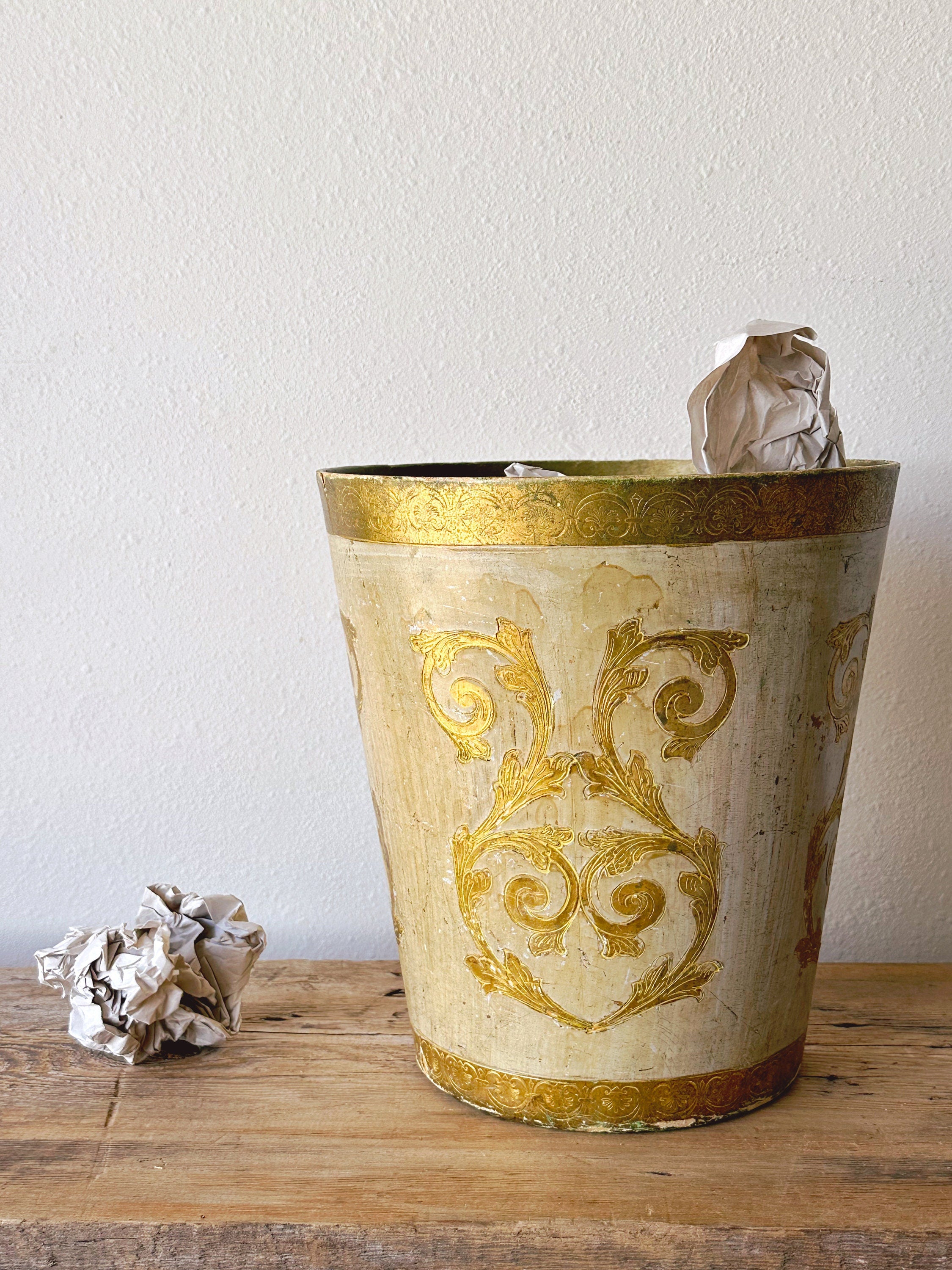 Mid Century Italian Florentine Hand Painted Gilt Waste Basket | Vintage Distressed Wooden Trash Can Bin | Office Decor | Made In Italy