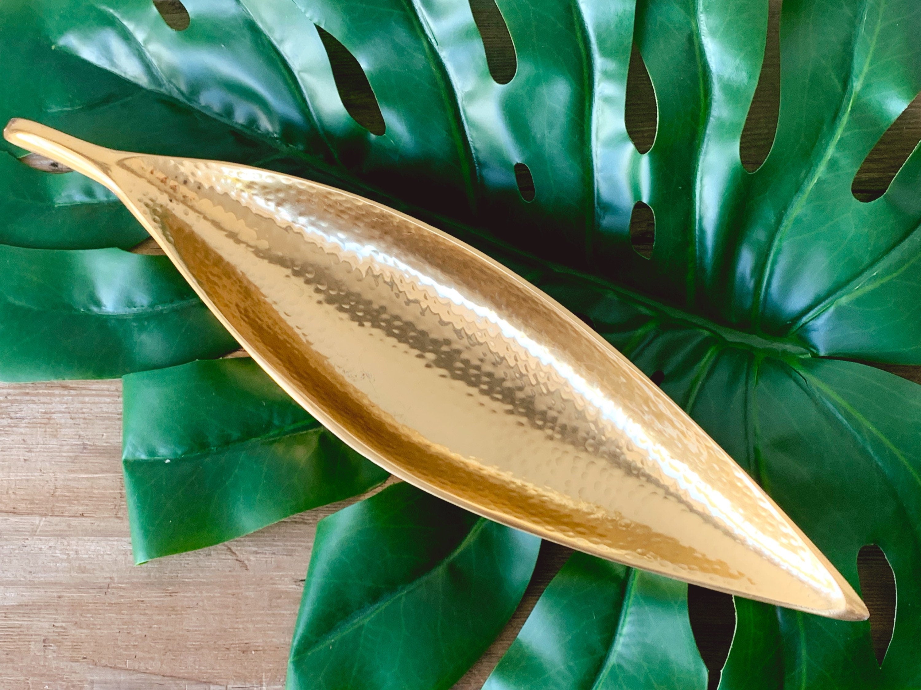 Vintage Gold Tone Slender Leaf Shaped Serving Tray | Hammered Metal Serveware, Jewelry Dish, Trinket Tray, Catchall Plate