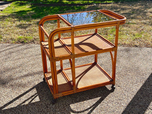 Vintage Mid-Century Three-Tier Rattan and Smoked Glass Bar Cart | SHIPPING NOT FREE | Boho Large Rolling Home Bar Drink Serving Trolley