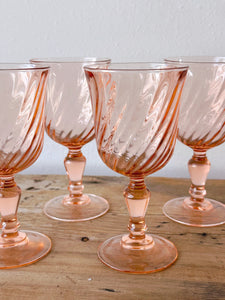 Vintage Arcoroc France Luminarc Rosaline Pink Swirl Pitcher and Six Wine Glasses | 7-Piece Ice Tea Drink Serving Set Holiday Entertaining