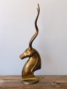 21" Tall Vintage Mid Century Modern Brass Antelope Gazelle Head Bust Statue with Long Antlers | Hollywood Regency Decor Sculpture Figure