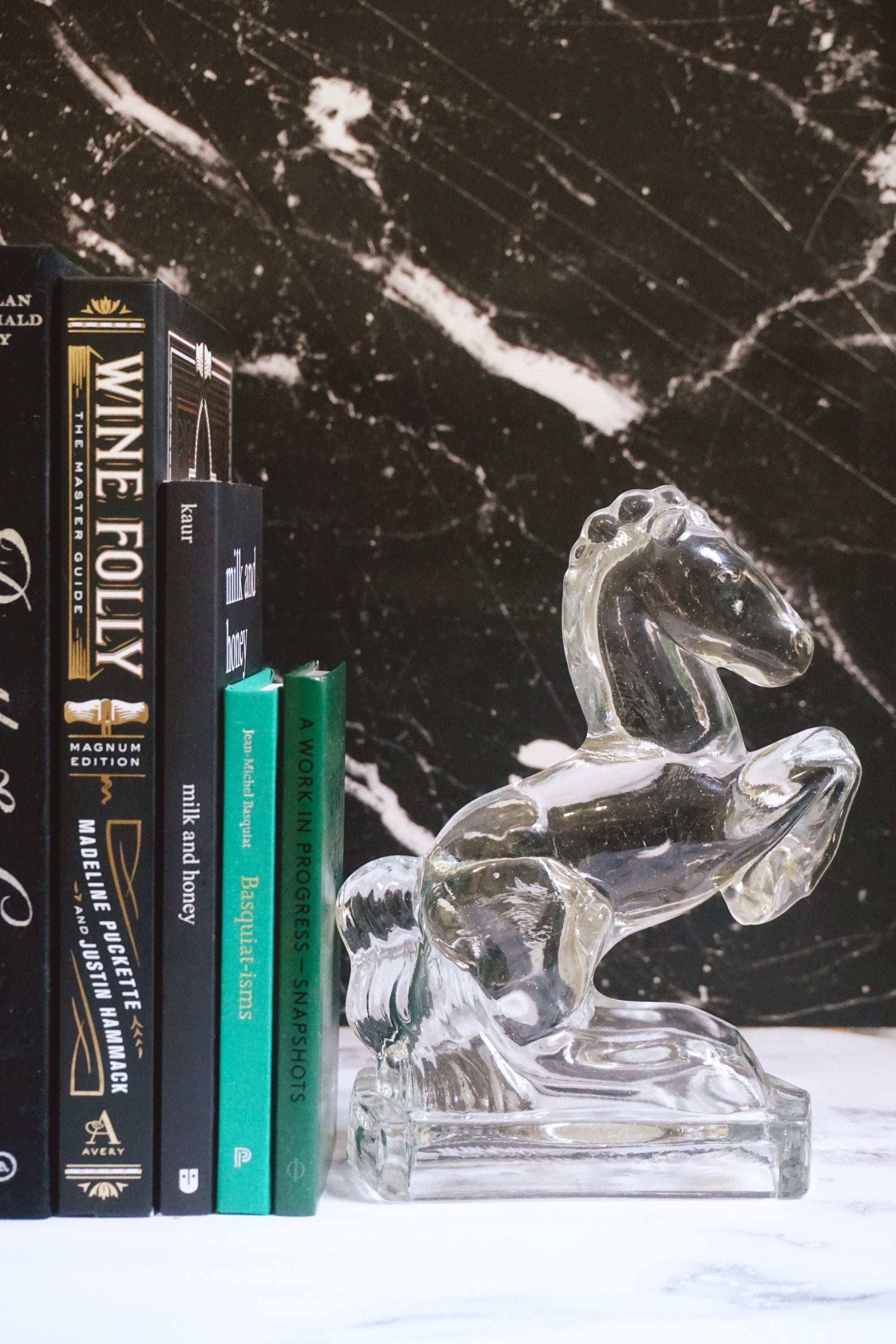 Pair of Vintage 1940s Clear Glass Rearing Horse Bookends By L.E. Smith - Urban Nomad NYC
