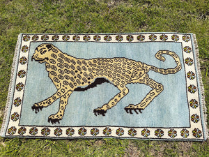 Hand Woven Persian Leopard Gabbeh Rug in Light Blue 3x5 ft | Fine Wool Area Rug | Unique Boho Chic Multicolor Geometric Pattern