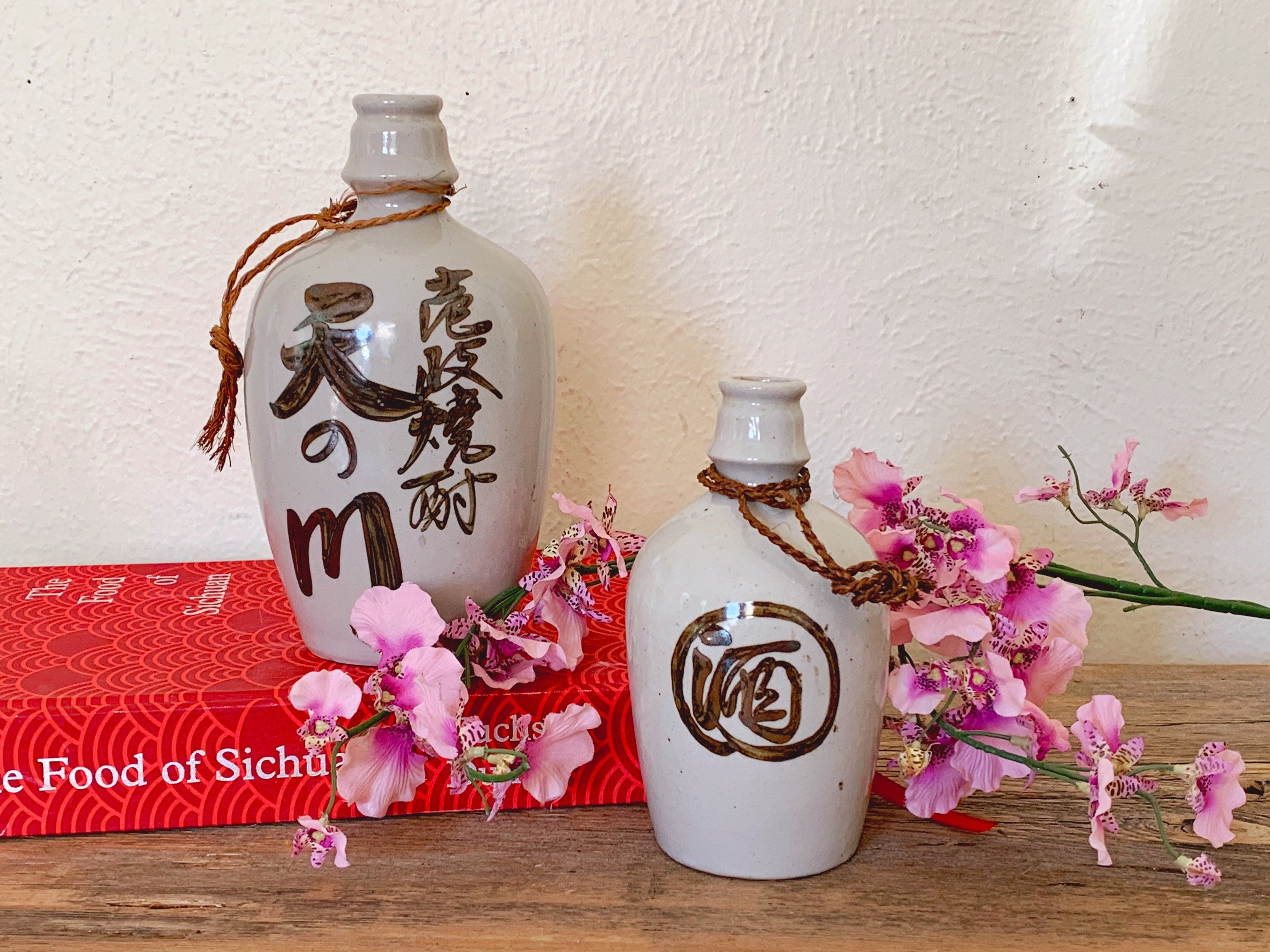 Pair of Antique Japanese Stoneware Pottery Sake Bottles | Vintage Earthenware Bottle | Decorative Flower Vase | Asian Inspired Home Decor