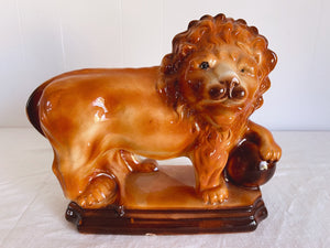 Pair of Late 19th Century Antique Ceramic Glazed Staffordshire Lion Figurines | Victorian Lion with Ball Statue