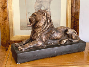 Vintage Crouching Lion on Plinth Paperweight Desktop Statue | Animal Sculpture Office Decor | Gift for Him Father's Day Gift