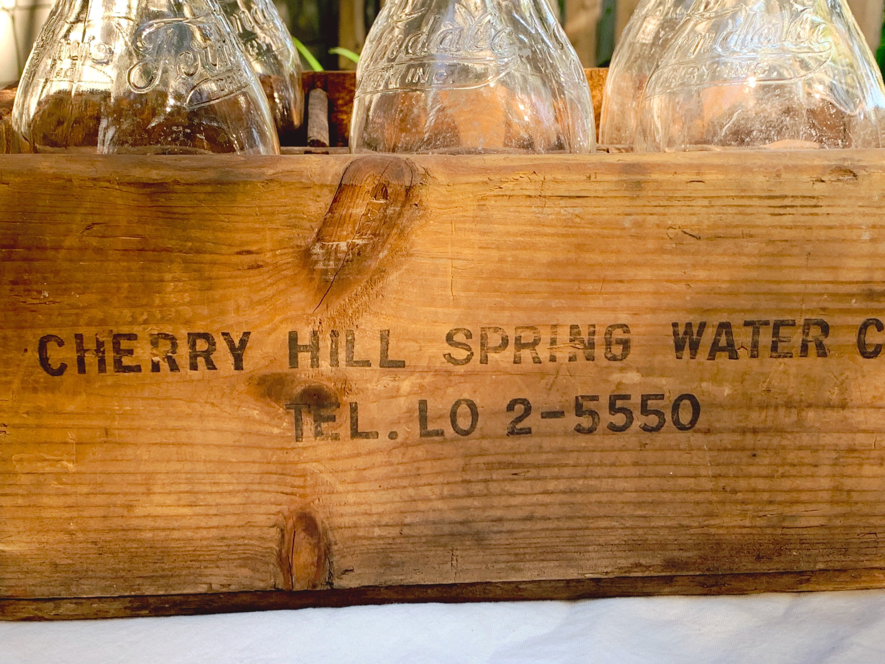 Antique Cherry Hill Spring Water Co. Seltzer Bottle Wooden Crate with 6 Farmdale Dairy Inc. Embossed Milk Bottle | Flower Vase Drink Carafes