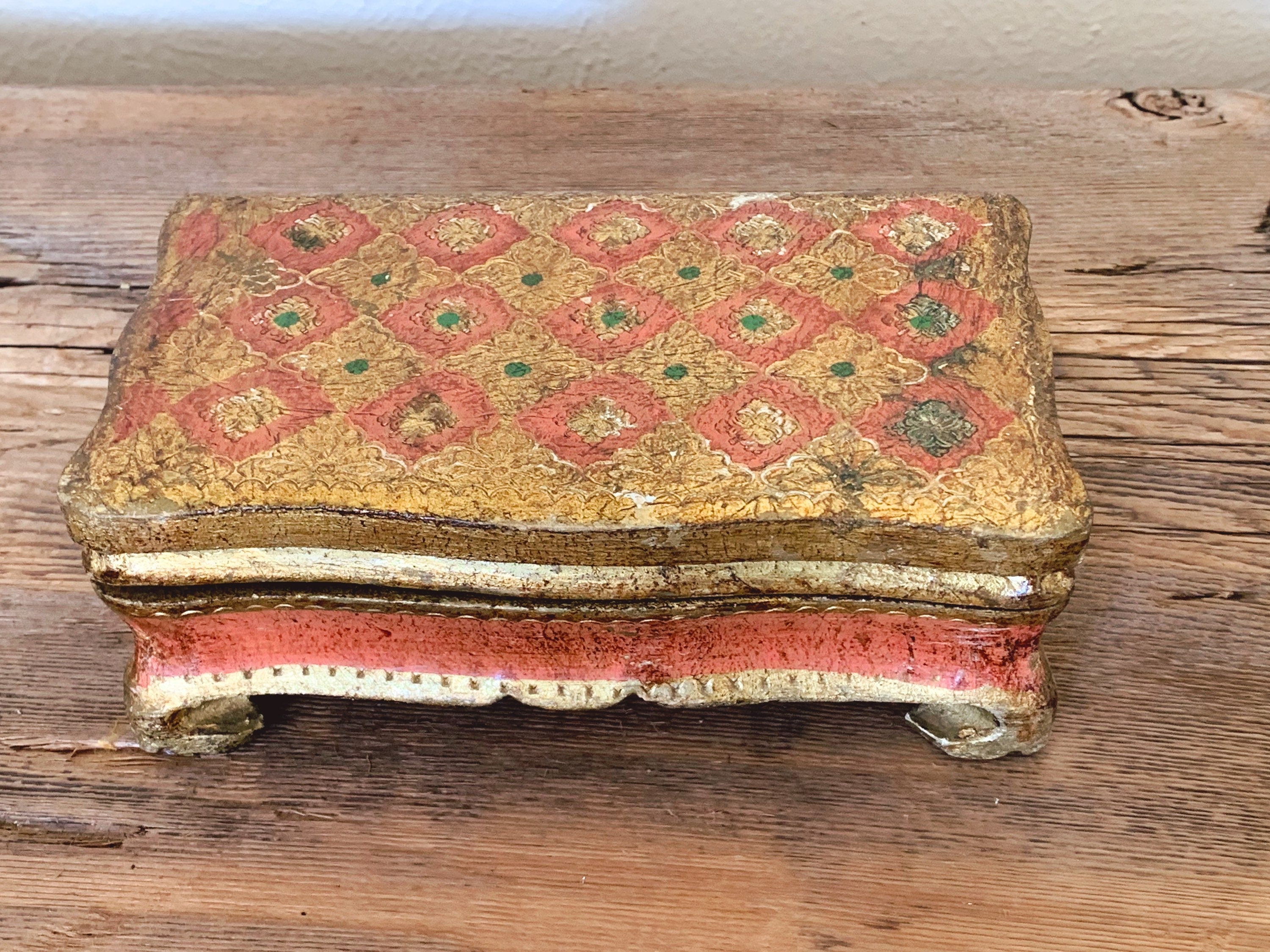 Vintage Italian Florentine Gilt-Wood Footed Jewelry Box | Gold and Pink Distressed Wooden Trinket Box | Bedroom Vanity Decor | Gift for Her