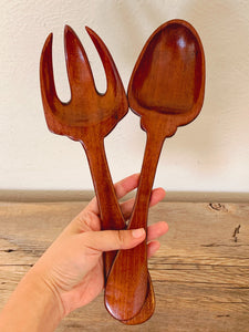 Pair of Vintage Hand Made Haitian Mahogany Wood Salad Servers | Mid Century Design Salad Spoon and Fork Set | Housewarming Gift