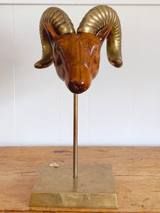 Vintage 1980s Dolbi Cashier Wood and Brass Rams Head Art Sculpture On Pedestal | Hand Crafted Stylized Home Decor