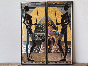 Mid Century Modern African Warrior Women Painted 2-Panel Vintage Mirrored Wall Art in Gold and Black | Home Decor Gift for Her