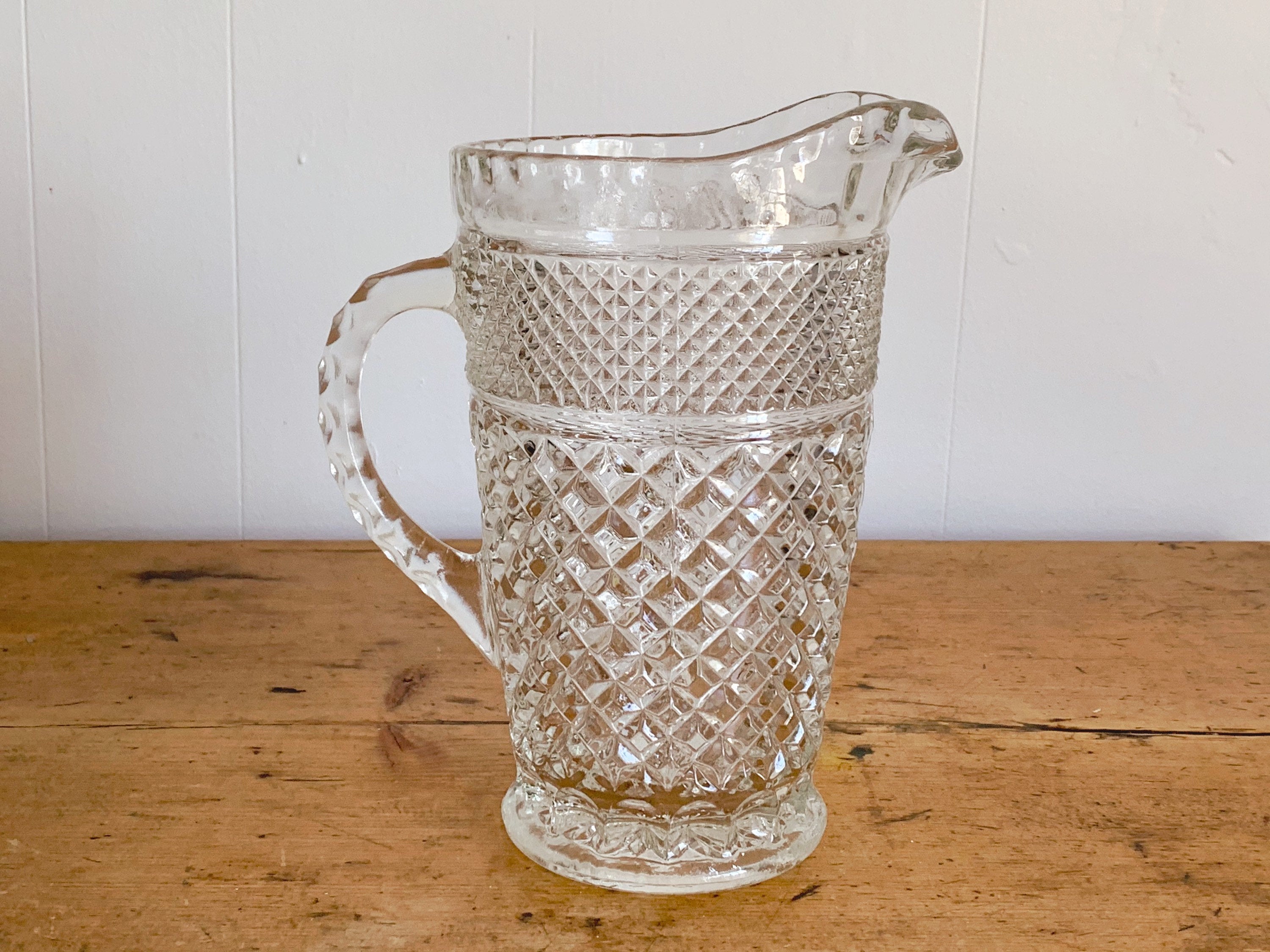 Vintage Pressed Glass Wexford Pitcher, Goblets and Highball Glasses | Mid Century Anchor Hocking Hollywood Regency Juice and Water Glass