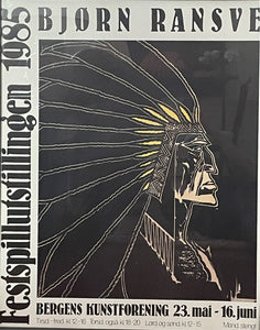 Rare 1985 Bjørn Ransve Norwegian Art Gallery Poster in Black Frame 28" X 35" | Native American Chief Wall Art Print | Contemporary Decor