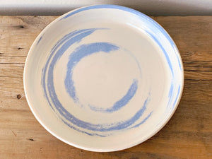 Vintage 1990 Hand Made Ceramic Pottery Round Serving Plate | White and Blue Swirl Serving Platter Signed by Artist | Holiday Entertaining