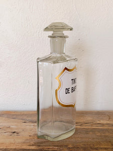 Antique French Apothecary Bottle with Gold Trim Porcelain Label | Clear Glass Tincture Apothecary Bottle with Stopper | Whiskey Decanter