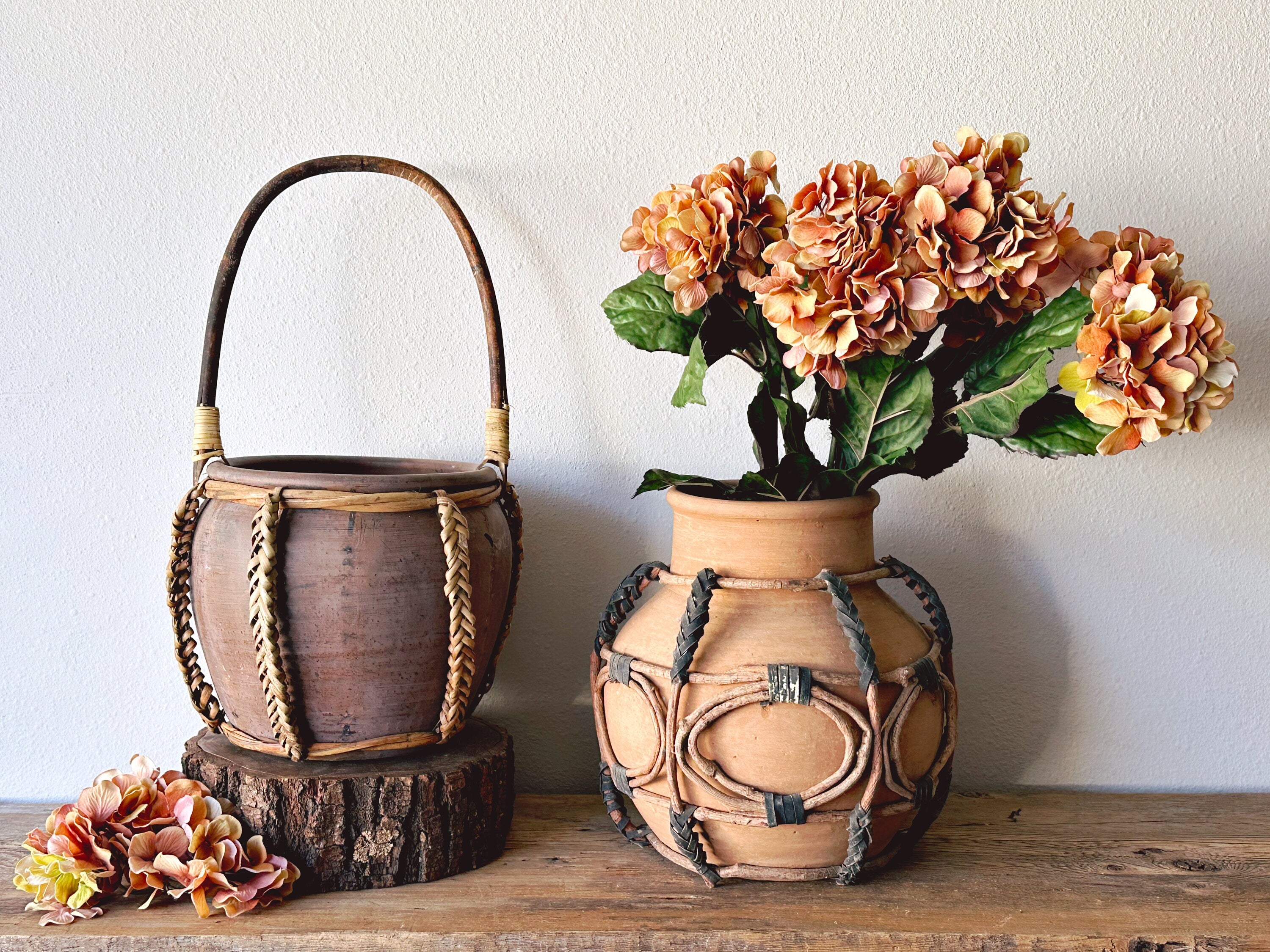 Vintage Hand Made Folk Art Pottery Basket with Handle