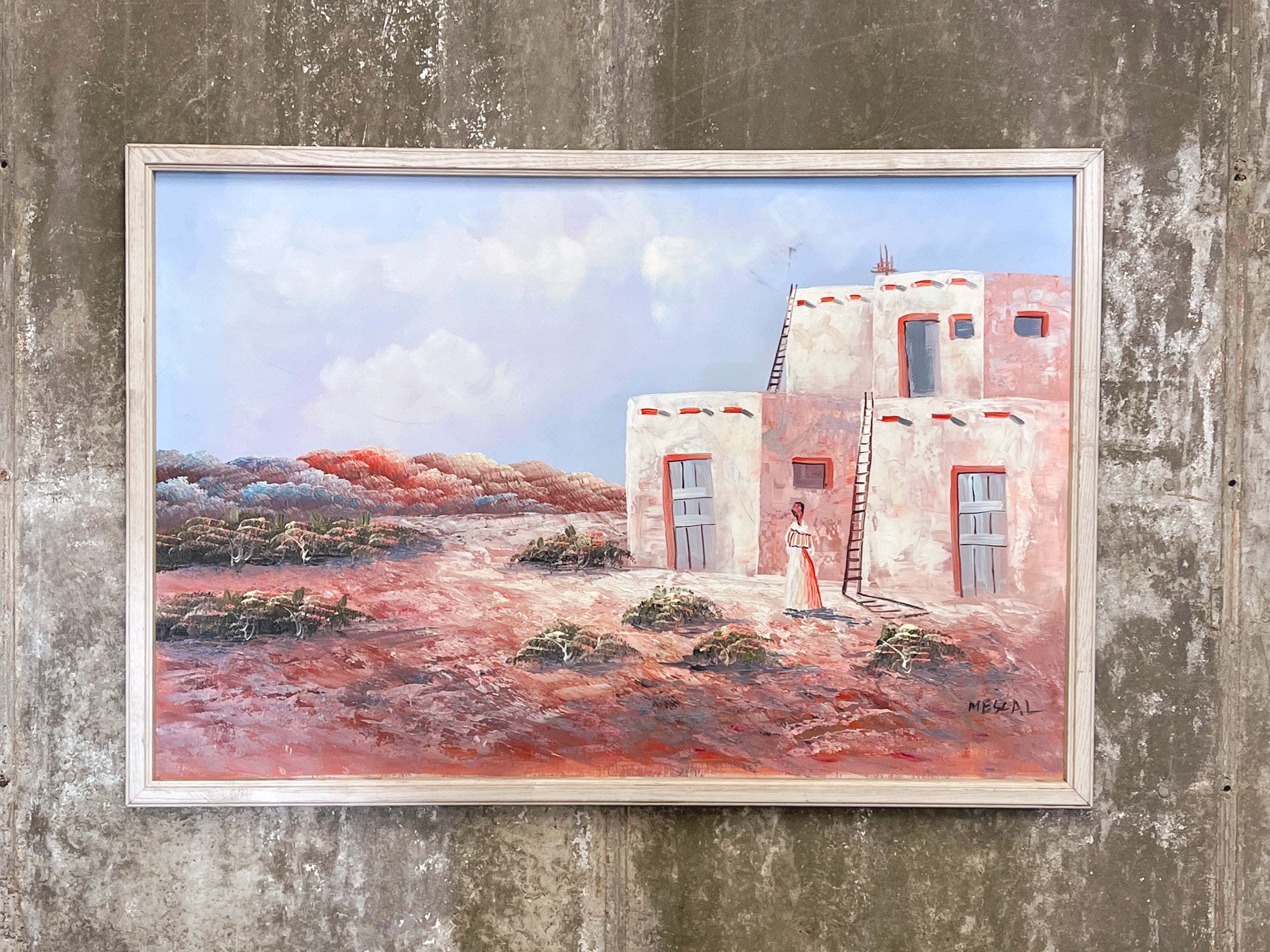 Large Vintage Southwestern Pueblo Scene Original Oil Painting on Canvas Signed Mescal in White Frame | Pueblo Native American Taos Landscape
