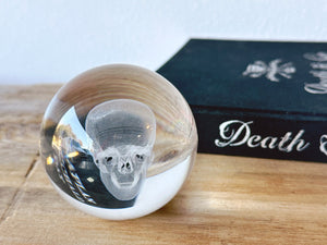 Modern Crystal Skull Paperweight | 3D Clear Glass Orb Laser Etched Hologram Skeleton | Home Office Desktop Decor | Halloween Decoration