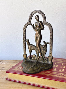 Antique Art Deco Bronze Bookend of Lady with Hound | SINGLE | Vintage 1920s Woman with Dog Bookstop | Office Bookshelf Decor | Gift for Her