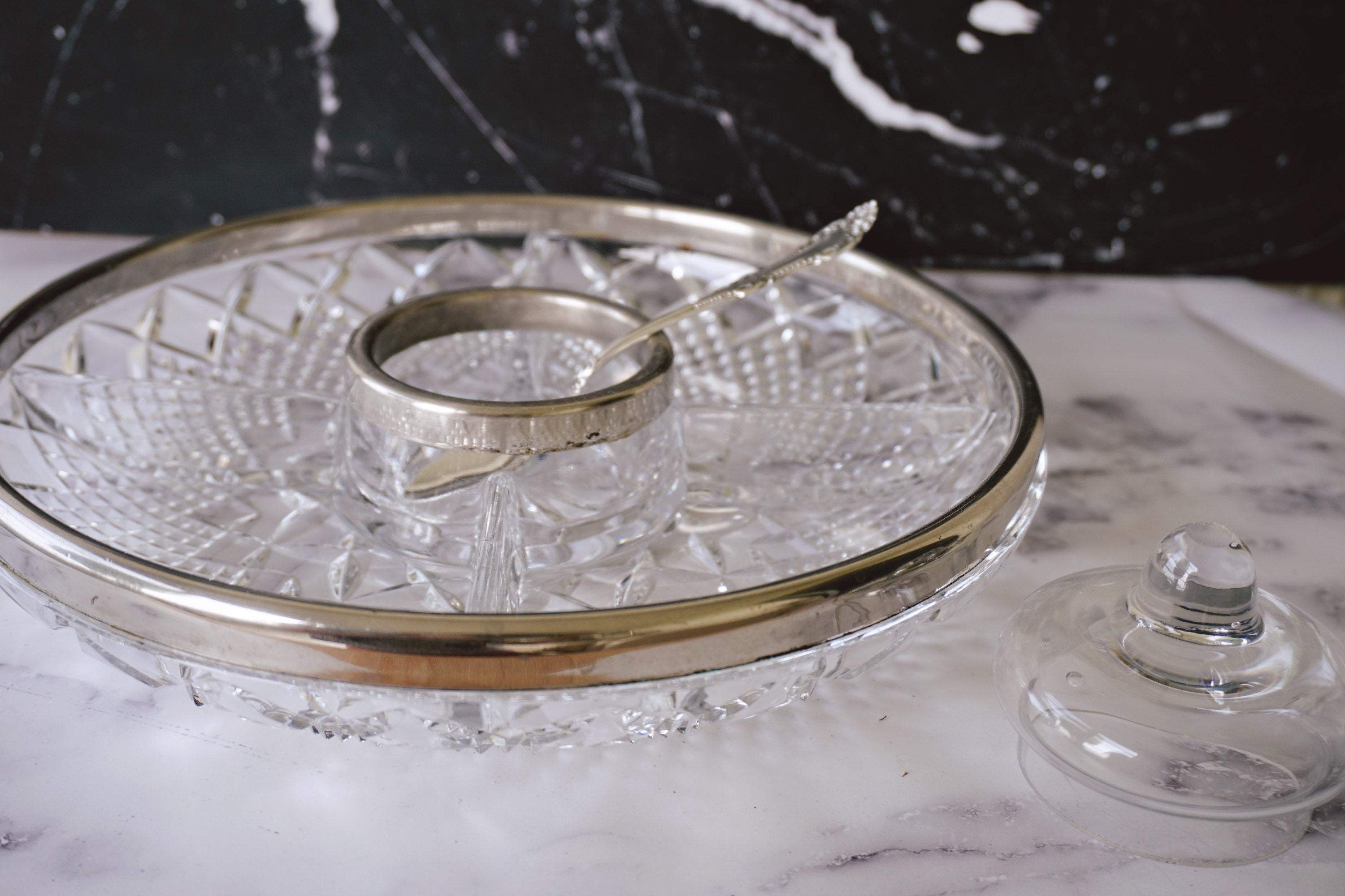 Vintage Heavy Cut Lead Crystal Divided Relish Tray with Silver-Plated Rim | Holiday Entertaining 5-Part Divided Snack Bowl - Urban Nomad NYC