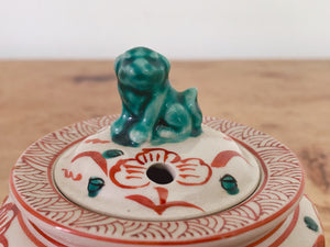 Small Vintage Temple Shrine Incense Burner with Foo Dog Finial | Hand Painted Japanese Porcelain Footed Censer | Asian Home Decor