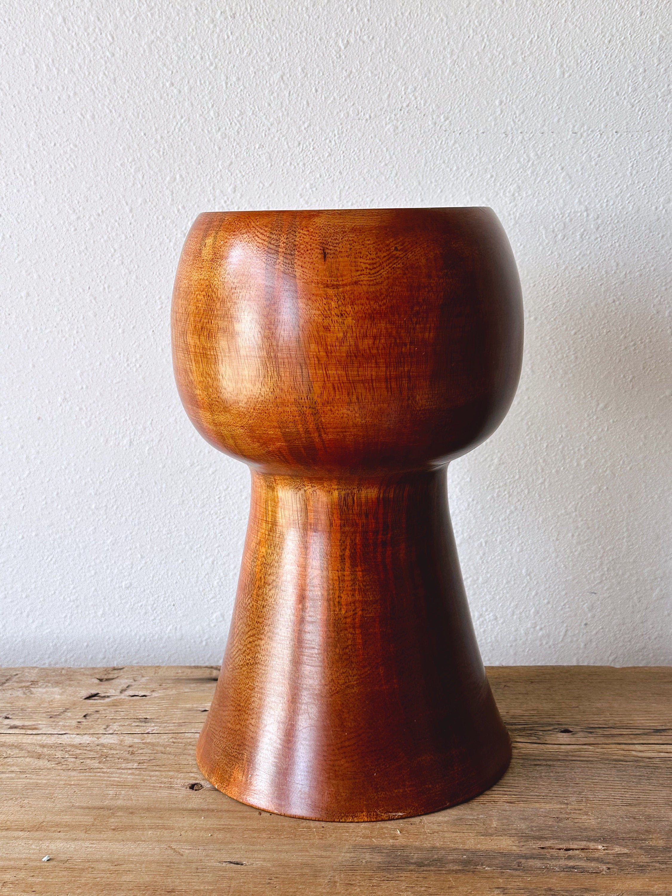 Vintage Handmade Teakwood Planter Bowl | Mid-Century Style Carved Wooden Pedestal Flower Pot Made in Thailand | Indoor Succulent Planter