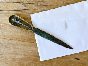 Vintage Antiqued Metal Letter Opener with Palm Tree Made in Israel | Paper Knife Office Supply | Desktop Accessory | Gift for Dad and Grad